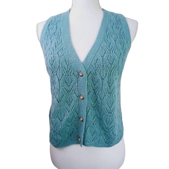 JDY Vintage Y2K SZ S Cable Knit Button Front Vest Green Diamond Gold Buttons - Picture 2 of 7